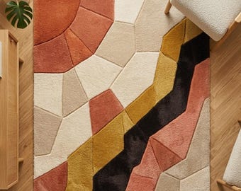 Abstract Hand Tufted Rug, Modern Geometric Area Rug, Terracotta Cream Beige Rug, Mid Century Modern Carpet, Living Room Rug