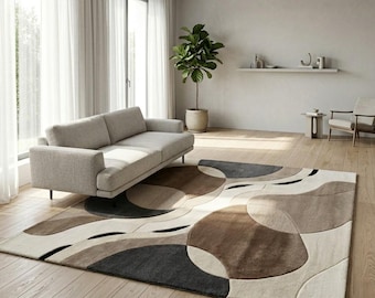 Hand Tufted Abstract Geometric Teppich, Modern Neutral Area Rug, Beige Brown Black Rug, Contemporary Wool Carpet, Handmade Living Room Rug