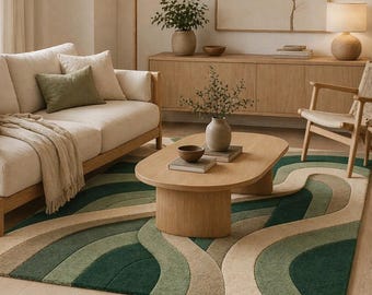 Green Abstract Wavy Rug, Mid Century Modern Rug, Handmade Tufted Area Rugs, Boho Living Room Carpet, Geometric Wave Rug 8x10 9x12 10x12