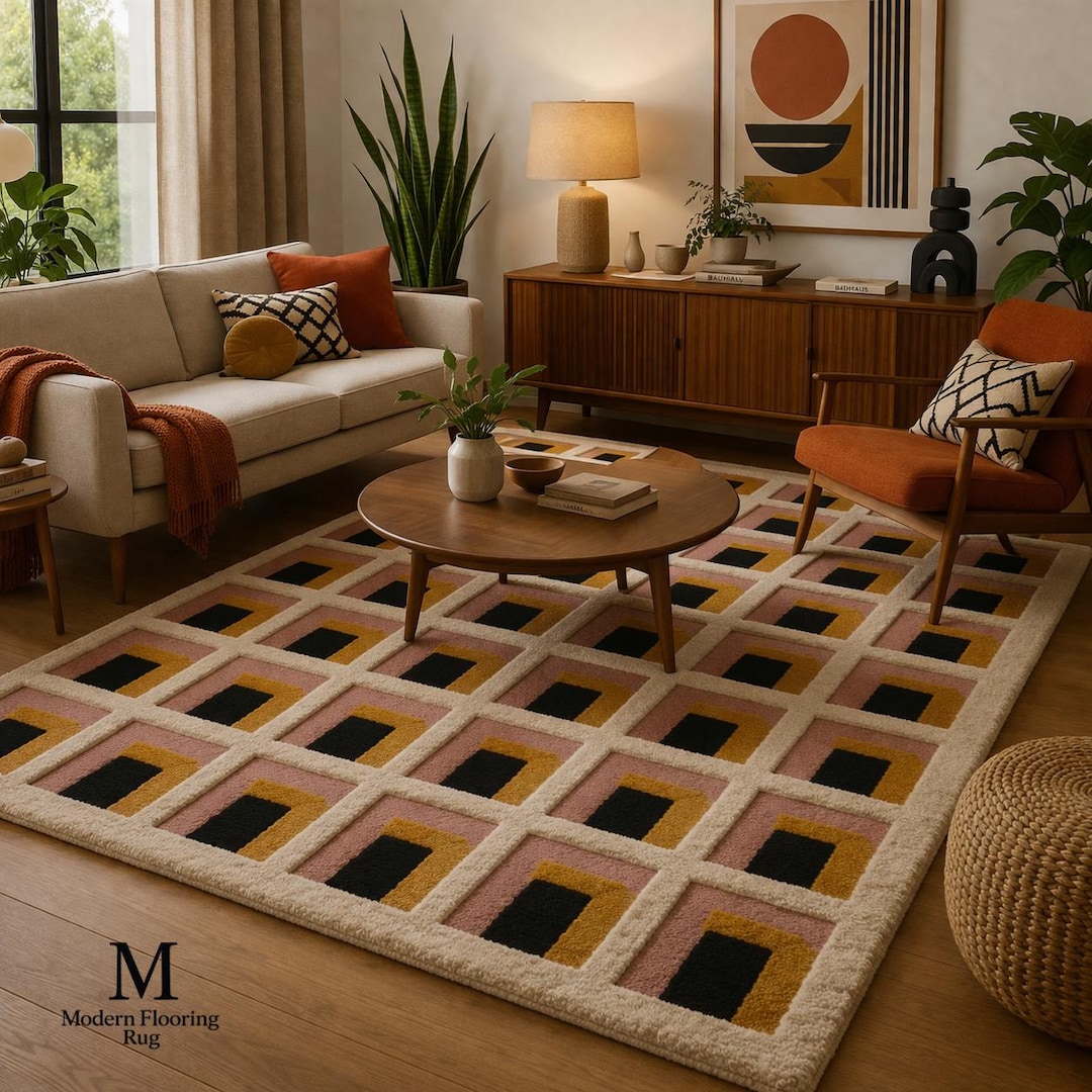 Mid Century Patterned Rugs Mid Century Modern Geometric Rug, Hand Tufted Wool Rug, Abstract Grid ...