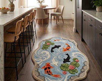 Koi Fish Rug, Hand Tufted Modern Wool Area Rug, Koi Pond Rug, Japanese Rug, Blue Fish Rug, Irregular Statement Rug