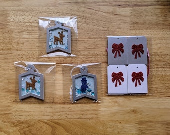 Shaker Ornament and Gift Tag Value Pack, 7 items, Reindeer, Snowman, Red Ribbons