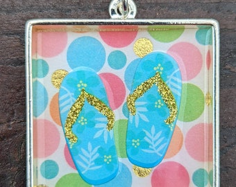 Flip Flops in Paradise Pendant Gold Silver Turquoise Polka Dots