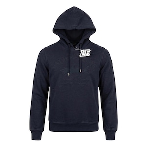 May include: A dark navy blue long-sleeve hooded sweatshirt featuring a tonal embossed shark graphic on the chest. The hoodie includes a drawstring with silver-toned metal aglets and a white rectangular tag attached to the neck area with the text LE.