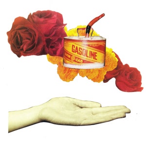 May include: A red and yellow gasoline can with a spout, surrounded by red roses and yellow flowers, is held in an open hand.