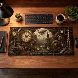 Peut inclure: Un tapis de bureau rectangulaire présentant une illustration détaillée inspirée du steampunk avec un cadran d'horloge, des engrenages en laiton complexes, des tuyaux mécaniques et un dirigeable survolant une ville avec une tour d'horloge.