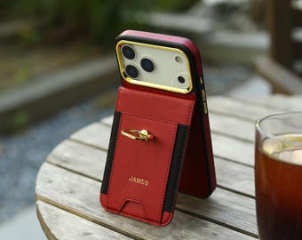Personalized Vegan Leather iPhone Case丨Customized Case for iPhone 17/16/15/14/13丨Name Engraved Phone Case with Card Holder and Finger Ring