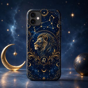 May include: A phone case with a dark blue background featuring a golden lion illustration, the Leo zodiac symbol, and constellations. The case has a glossy finish and a detailed design with gold accents.