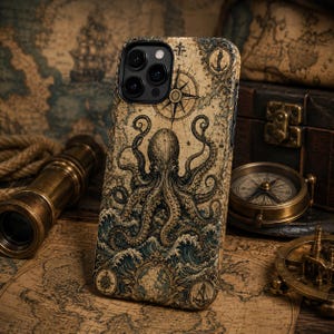 May include: A smartphone case featuring a vintage-style nautical map design. The illustration displays a large octopus emerging from stylized blue ocean waves, surrounded by a compass rose, an anchor, and antique cartographic elements.