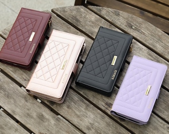 Personalized Samsung Phone Case Galaxy S22-S26 A Series丨Custom Vegan Leather Phone Case Initials Name Engraved丨Crossbody Stripe Wallet Case