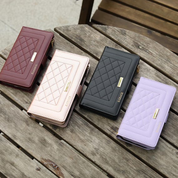 Personalized Samsung Phone Case Galaxy S22 S23 S24丨Customized Vegan Leather Phone Case Initials Name Engraved丨Crossbody Stripe Wallet Case