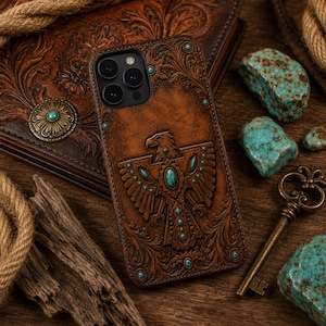 May include: A brown leather phone case featuring an embossed eagle design with inlaid turquoise stones. The case has intricate floral tooling patterns and small turquoise accents embedded along the edges, surrounding the camera lens cutout.