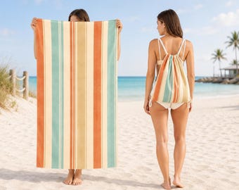 Toalla de playa plegable 2 en 1, toalla de viaje de microfibra a rayas retro, bolsa de playa plegable, toalla de piscina ligera