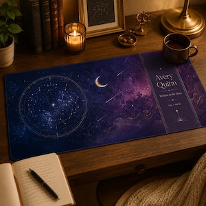 Personalisierte Astrologie Schreibtischmatte, individuelle Name Sternzeichen Mauspad, Vegan Leder Schreibtischunterlage, Sternenklare Nacht Mauspad