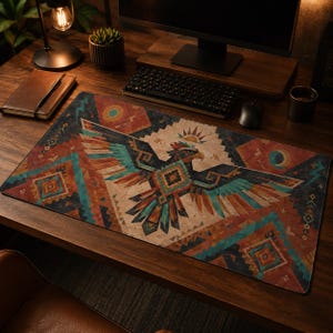 May include: A rectangular desk mat featuring a large, stylized eagle graphic with outstretched wings. The design incorporates geometric patterns in shades of teal, rust orange, and cream, with sun and moon motifs set against a textured background.