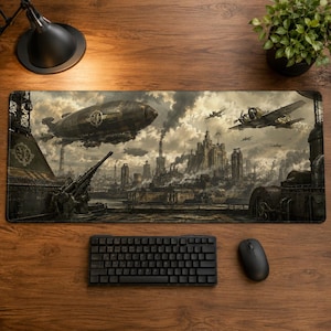 May include: A rectangular desk mat featuring a detailed illustration of a steampunk-inspired industrial city with a large airship, propeller planes, and artillery cannons under a cloudy sky, positioned below a black keyboard and mouse.