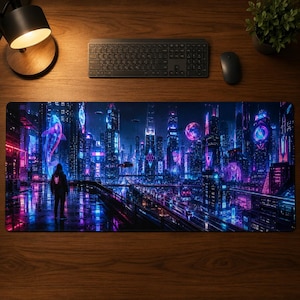 Vegan Leather Desk Mat, Cyberpunk Large Mouse Pad, Extended Keyboard Mat, Office Desk Pad, Neon City Large Gaming Mouse Pad