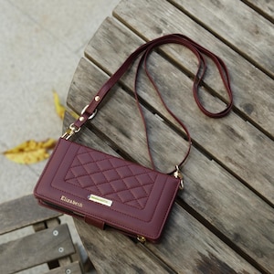 Personalized Vegan Leather iPhone Case丨Customized Case for iPhone 17/16/15/14/13丨Name Engraved Phone Case丨Crossbody Stripe Wallet Case