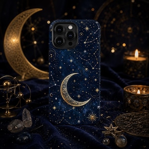 May include: A dark blue smartphone case featuring a gold crescent moon at the center, surrounded by gold stars, constellations, and small white dots. The design includes a triple-lens camera cutout at the top left corner of the rectangular case.