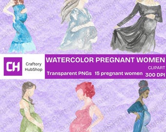 15 acuarelas de mujeres embarazadas, clipart de maternidad, mamá, PNG, imprimible, invitación para baby shower, descarga digital, conjunto de clipart de maternidad