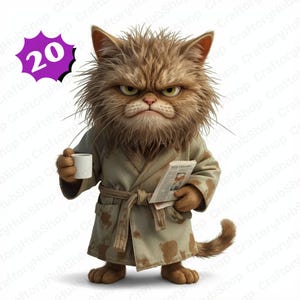 May include: Illustration of a disgruntled cat in a dressing gown, holding a coffee cup and newspaper. The cat has brown fur and a stern expression. A purple circle with the number 20 is in the upper left corner.
