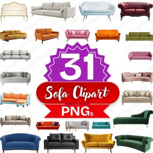 Puede incluir: Una colección de 31 imágenes prediseñadas de sofás en varios estilos y colores, incluyendo beige, gris, naranja, rosa y verde. El texto "Sofa Clipart PNGs" se muestra en una pancarta roja con fondo morado.