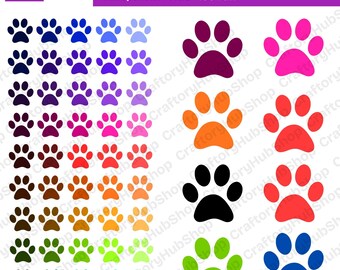 May include: A collection of colorful paw print clip art in various shades, including blue, purple, pink, orange, red, black, green, and brown. The image includes the text "COLORFUL PAW PRINT" and "Transparent PNGs 100 Paw 300 DPI CLIPART".