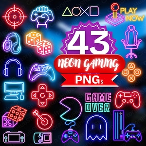 以下が含まれることがあります： 赤、青、紫など、さまざまな色の43個のネオンゲームPNGのコレクション。画像には、ゲームコントローラー、サイコロ、ジョイスティック、「NEON GAMING」と「GAME OVER」の文字が表示されています。