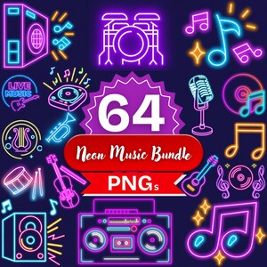 Op de afbeelding: Een verzameling van 64 neon muziek-thema PNG-afbeeldingen in tinten blauw, roze en paars. De afbeeldingen bevatten muzieknoten, instrumenten en audioapparatuur, met de woorden "Neon Music Bundle" en "PNGs".