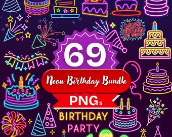 Paquete de imágenes prediseñadas PNG de neón de feliz cumpleaños, imágenes de arte digital imprimibles de fiesta brillante, fondo transparente de 300 DPI