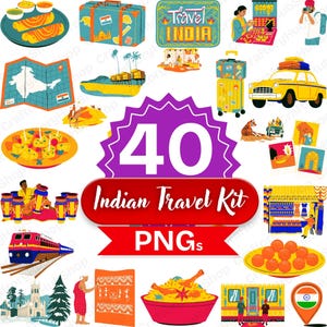 Puede incluir: Un conjunto de 40 imágenes PNG con temática de viajes a la India. Incluye ilustraciones de comida, monumentos, un mapa, un tren, un coche y equipaje. También presenta el texto "Travel INDIA" y "Indian Travel Kit PNGs".
