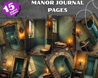 May include: Digital journal pages with a vintage aesthetic. The image features several illustrations of rooms with antique furniture, lit by candlelight. The text reads "THE SECRET MANOR JOURNAL PAGES" and "15 Digital Papers".