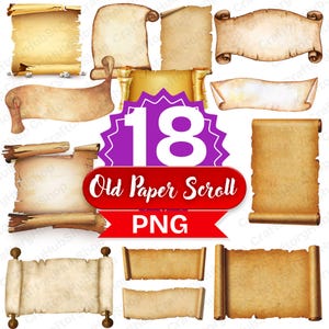 May include: A collection of 18 old paper scroll PNG images in various shapes and sizes. The scrolls are in shades of tan and brown, with a vintage, aged appearance. Some scrolls are rolled, while others are flat.