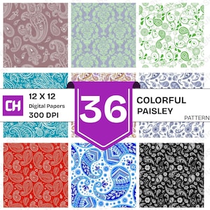 Puede incluir: Una colección de 36 patrones de cachemira coloridos en varios colores, incluyendo rojo, azul, verde y morado. Los patrones son papeles digitales de 12 x 12 con 300 DPI. La imagen incluye el texto "Colorful Paisley Pattern".