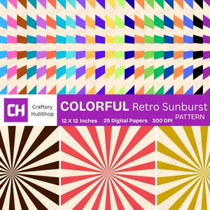 25 Sunburst Digital Paper, sunburst background printables, 12x12 retro Scrapbook Paper, Seamless Sunburst Pattern Set, Digital Prints Bundle