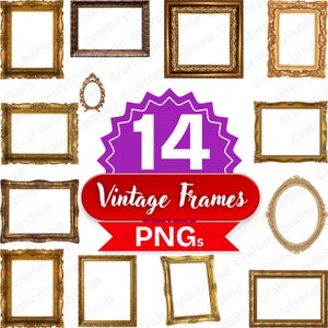 Può includere: Una collezione di quattordici cornici vintage di varie forme e dimensioni. Le cornici sono dorate e marroni, con dettagli intricati e spazi vuoti. Il testo sull'immagine recita "14 Vintage Frames PNGs".