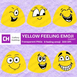 9 Emojis de sentimiento amarillo Clipart Caras de emojis de acuarela Clipart PNG Expresiones de dibujos animados imprimibles lindas Conjunto de imágenes prediseñadas digitales