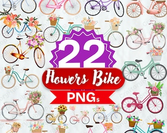 22 Bike with Flowers PNG Clipart Bicycle Floral Basket Digital Download Vintage Flower Bike Printable Design