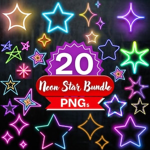 Könnte beinhalten: Eine Sammlung von 20 Neonstern-PNGs in verschiedenen Farben, darunter Gelb, Blau, Rosa und Grün. Die Sterne haben einen Leuchteffekt und sind auf einem dunklen Hintergrund angeordnet. Der Text "20 Neon Star Bundle PNGs" ist zu sehen.