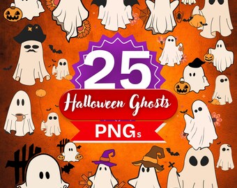 25 Halloween-Geister Aquarell Clipart, gruselige PNG druckbare Bilder, niedlicher gruseliger Geist Clip Art Set für digitale Projekte, digitale Designs