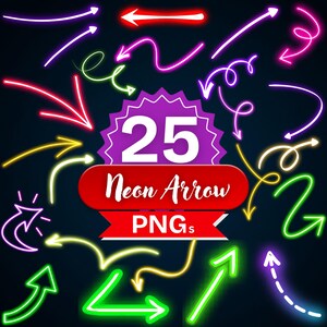 May include: A collection of 25 neon arrow PNGs in various colors, including pink, green, yellow, and purple. The arrows are in different styles, such as curved, straight, and dotted, with a dark blue background.