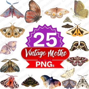 May include: A collection of 25 vintage moth PNGs in various colors and patterns. The moths are depicted in watercolor style, with details like wing patterns and body shapes. The image includes text that reads "25 Vintage Moths PNGs."