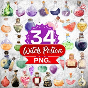 May include: A collection of 34 watercolor witch potion PNGs. The potions are in various glass bottles with corks, filled with colorful liquids. The image includes text that reads "34 Witch Potion PNGs" in a red banner.