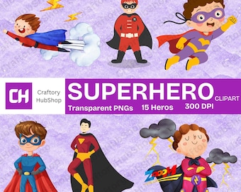 15 Superhero Watercolor Clipart Playful Hero Png Clipart Comic Cartoon Characters Printable Images Kids Party Digital Download Set