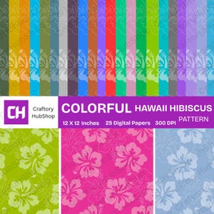 May include: A collection of colorful digital papers with a Hawaiian hibiscus pattern. The papers are 12 x 12 inches and come in a variety of colors, including blue, green, pink, and purple. The image also includes the text "COLORFUL HAWAII HIBISCUS PATTERN".