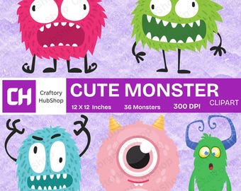 36 Cute Monster Watercolor Clipart PNG, Printable Kids Cartoon Creatures, Fun Digital Illustrations for, Invitations & Scrapbooking