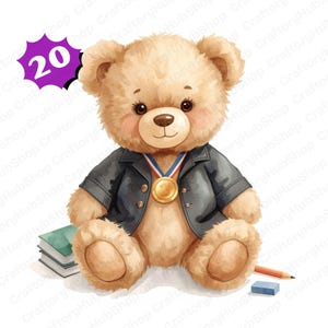 May include: A watercolor illustration of a teddy bear wearing a black jacket and a gold medal. The bear has a brown nose and is sitting in front of a stack of books, a pencil, and an eraser. A purple starburst with the number 20 is in the upper left corner.