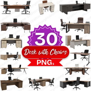 May include: A collection of 30 desk and chair PNG images. The desks vary in style, color, and size, with accompanying office chairs. The image includes a purple and red banner with the text "30 Desk with Chairs PNGs."