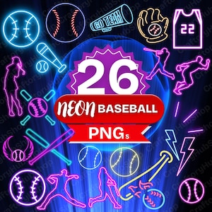 Könnte beinhalten: Eine Sammlung von 26 Neon-Baseball-PNGs in verschiedenen Farben. Das Bild enthält Neon-Illustrationen von Basebällen, Schlägern, Spielern, einem Trikot, einem Handschuh und einer Megaphon mit dem Text "GO TEAM". Die Worte "NEON BASEBALL PNGs" werden ebenfalls angezeigt.