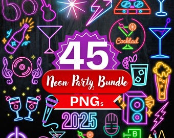 Paquete de imágenes prediseñadas PNG de neón de fiesta, imágenes de arte digital imprimibles de celebración brillante, fondo transparente de 300 DPI